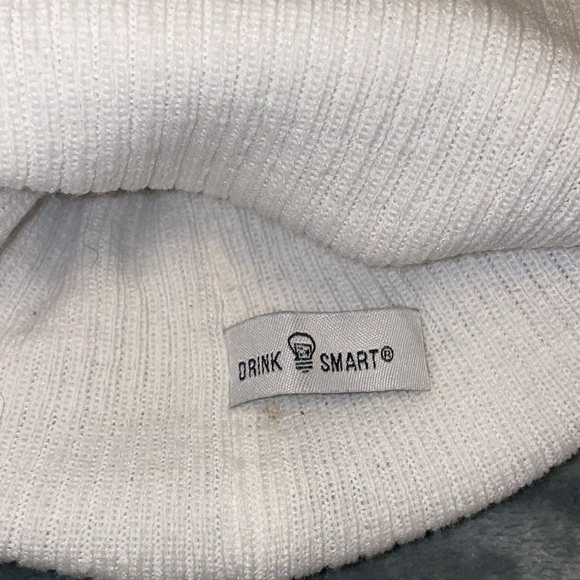 Jim Beam Whiskey Logo White Pom Pom Beanie with Gray Stripes Winter Hat - Picture 3 of 5